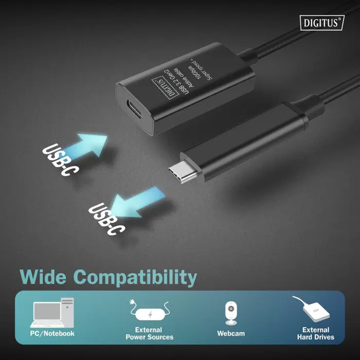 Digitus Active USB 3.2 Gen 2 extension cable, USB-C male > USB-C female (black, 5 meters, repeater cable)