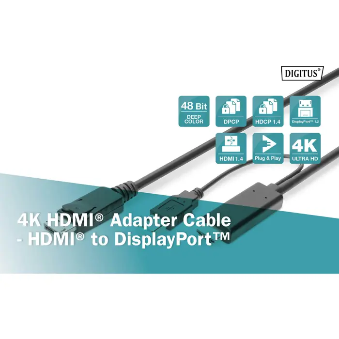 Digitus adapter cable HDMI > Displayport, UHD 4K (black, 2 meters)