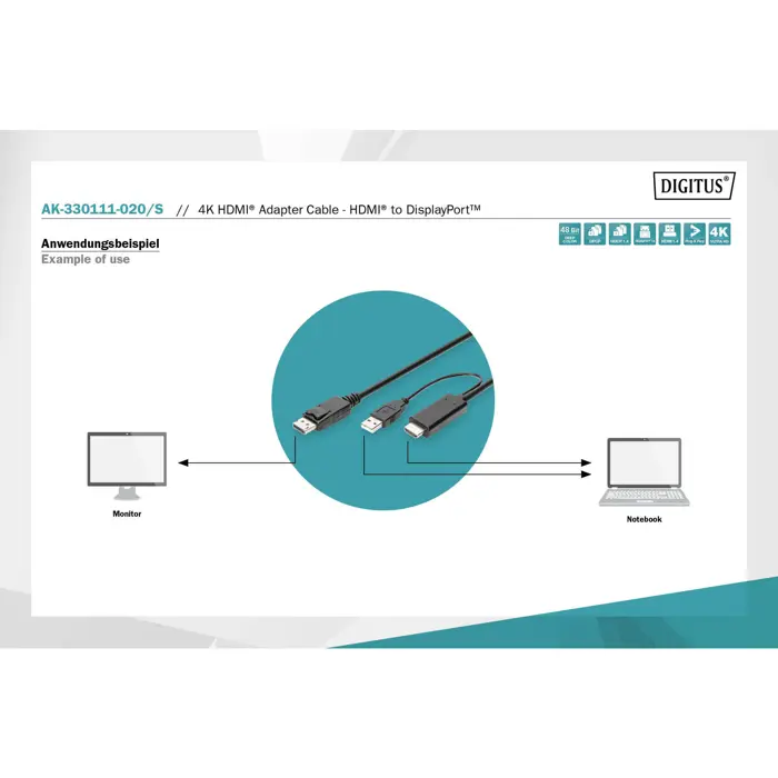 Digitus adapter cable HDMI > Displayport, UHD 4K (black, 2 meters)