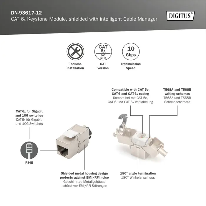 Digitus Cat.6a Keystone Module (silver, 12 pieces, with intelligent cable manager)