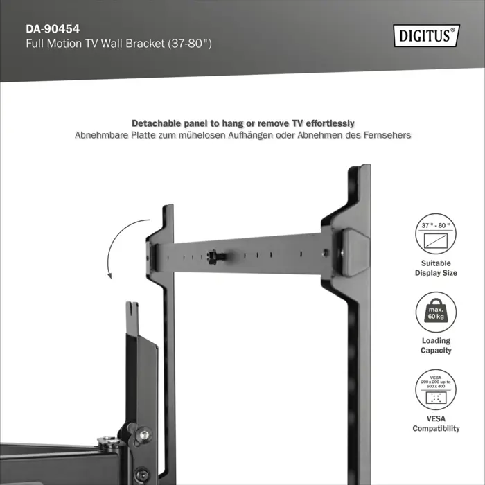 Digitus Full Motion TV wall mount 37" - 80" (black (matt), load capacity 60 kg, cable management)