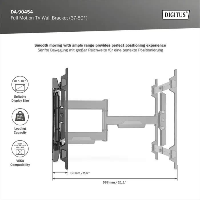 Digitus Full Motion TV wall mount 37" - 80" (black (matt), load capacity 60 kg, cable management)