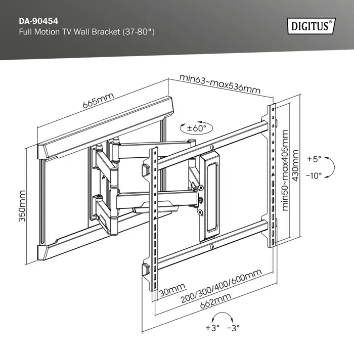 Digitus Full Motion TV wall mount 37" - 80" (black (matt), load capacity 60 kg, cable management)