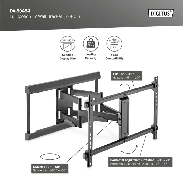 Digitus Full Motion TV wall mount 37" - 80" (black (matt), load capacity 60 kg, cable management)