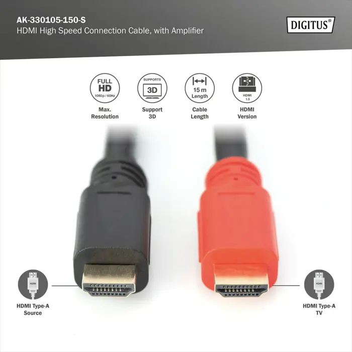 Digitus HDMI high speed cable, with amplifier (black/red, 15 meters)