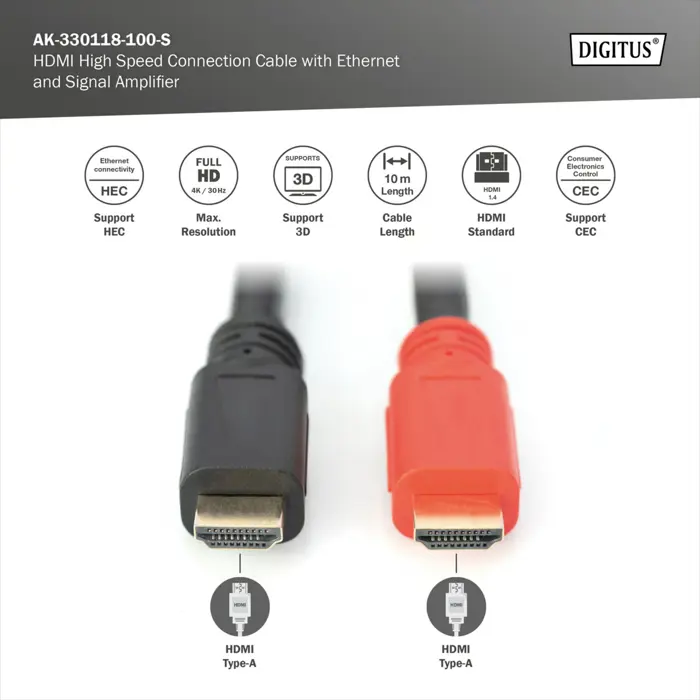 Digitus HDMI high speed connection cable with Ethernet and signal amplifier (black, 10 meters, active)