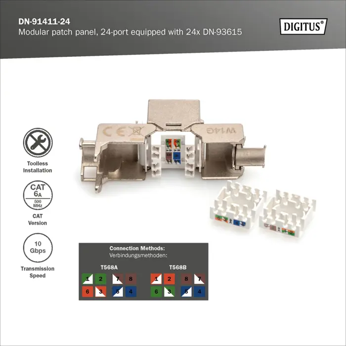 Digitus modular patch panel, 24-port, equipped with 24x DN-93615 (black, 1 U, rack mount, shielded)