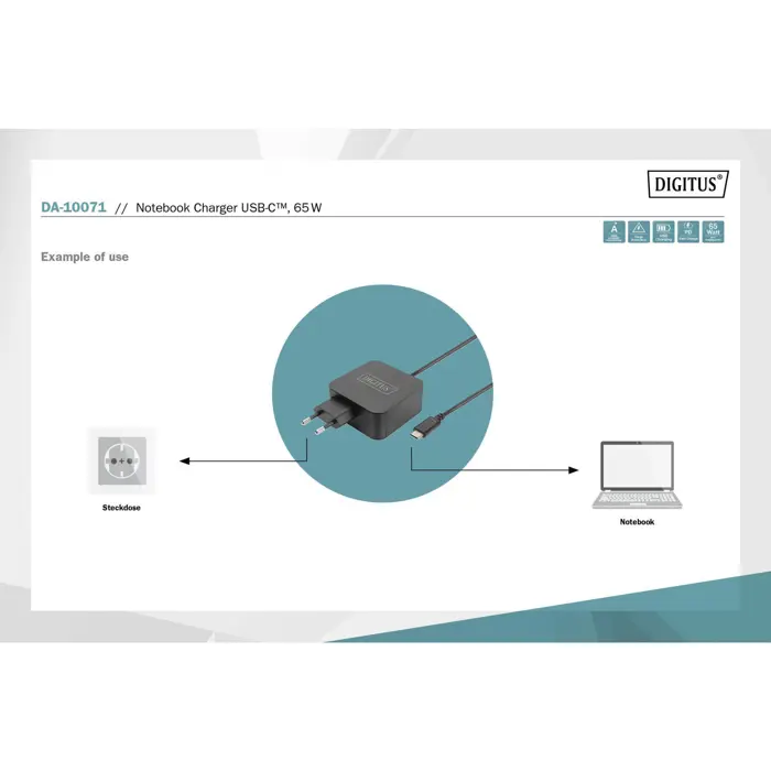 Digitus Notebook Charger DA-10071, USB-C, 65 Watt black, PD 3.0, cable length 1.20 meters