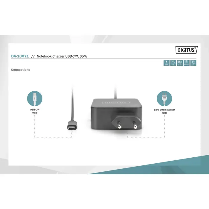 Digitus Notebook Charger DA-10071, USB-C, 65 Watt black, PD 3.0, cable length 1.20 meters