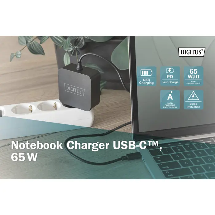 Digitus Notebook Charger DA-10071, USB-C, 65 Watt black, PD 3.0, cable length 1.20 meters