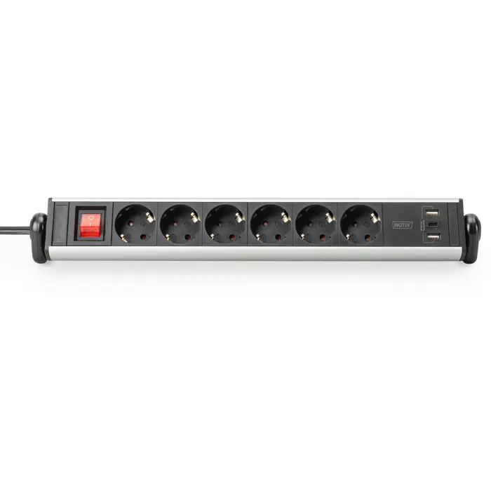 Digitus Office power strip 6-way, 3x USB silver/black, 1.5 meter cable, switch