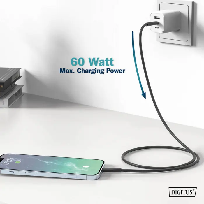 Digitus USB 2.0 silicone cable USB-C > Lightning, MFI certified (black, 1 meter, PD 2.0, charging with up to 60 watts)