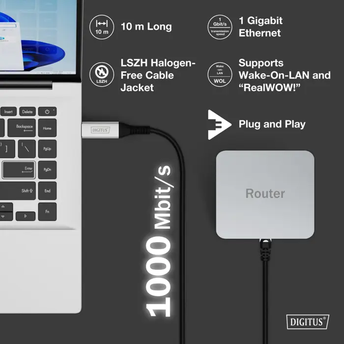 Digitus USB-A 3.2 Gen1 > RJ-45 Ethernet cable, 1Gbit/s (black, 10 meters, 10/100/1,000Mbit/s)