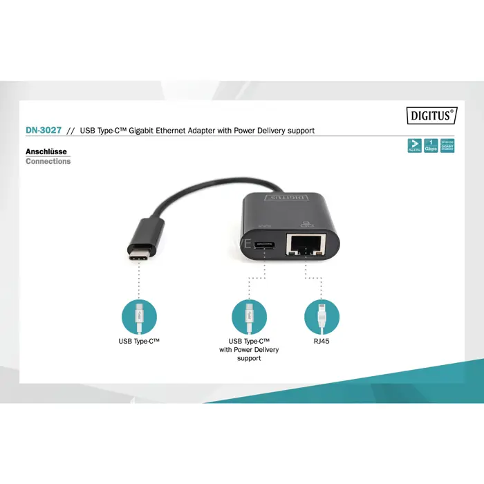 Digitus USB Type-C Gigabit Ethernet Adapter (black, with Power Delivery support)