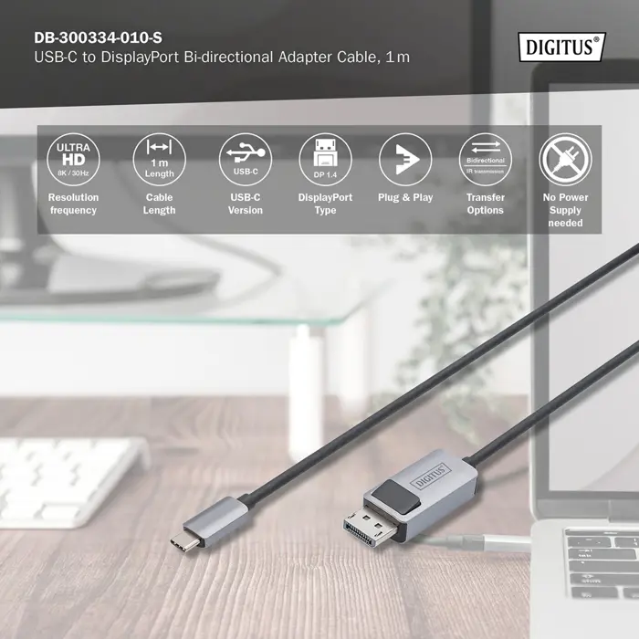 Digitus USB4 Gen 2x2 adapter cable USB-C > DisplayPort (black/gray, 1 meter)