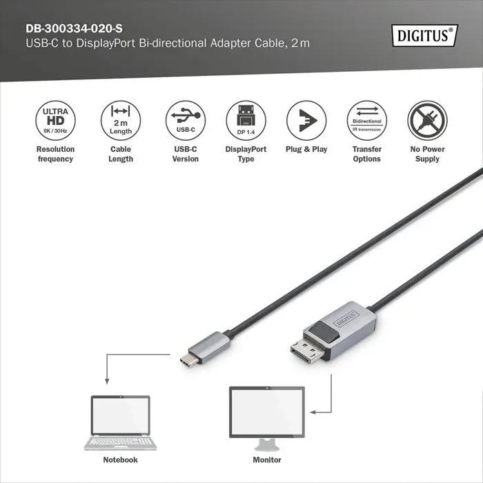 Digitus USB4 Gen 2x2 adapter cable USB-C > DisplayPort (black/gray, 2 meters)