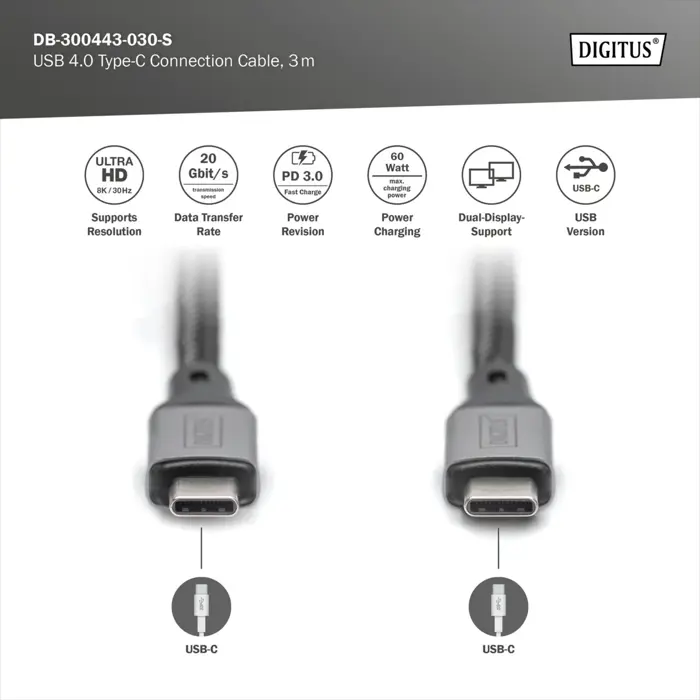 Digitus USB4 Gen 2x2 cable, USB-C male > USB-C male, 20Gbit/s (black/gray, 3 meters, PD 3.0, charging with 60 watts)