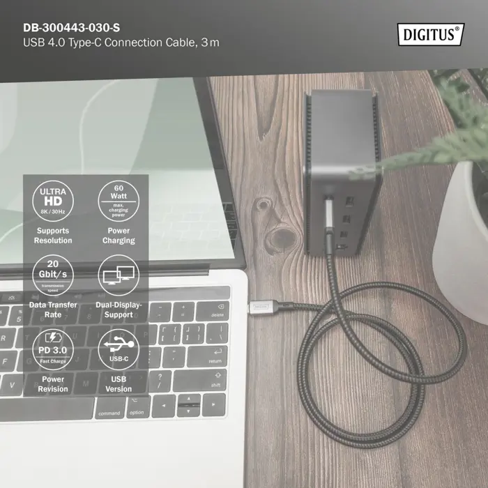 Digitus USB4 Gen 2x2 cable, USB-C male > USB-C male, 20Gbit/s (black/gray, 3 meters, PD 3.0, charging with 60 watts)