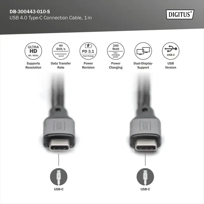 Digitus USB4 Gen 3x2 cable, USB-C male > USB-C male, 40Gbit/s (black/gray, 1 meter, PD 3.1, charging with 240 watts)