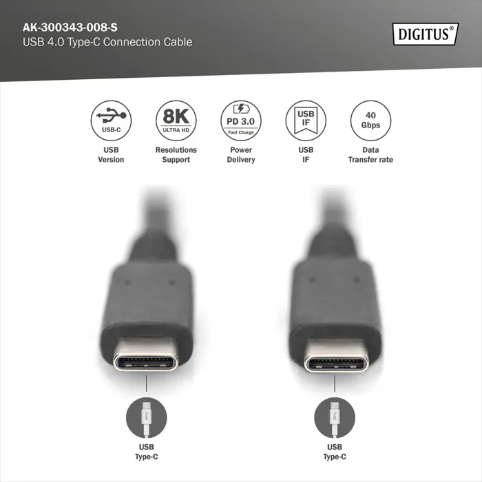 Digitus USB4 Gen 3x2 cable, USB-C male > USB-C male, 40Gbit/s (black, 1 meter, PD 3.1, charging with 240 watts)