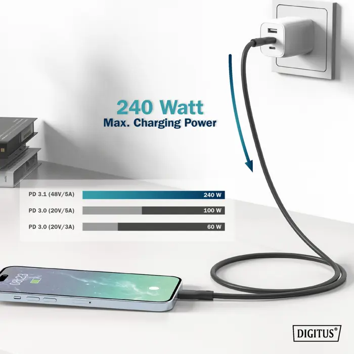 Digitus USB4 Gen 3x2 silicone connection cable USB-C > USB-C (black, 0.5 meter, PD, charging with up to 240 watts)