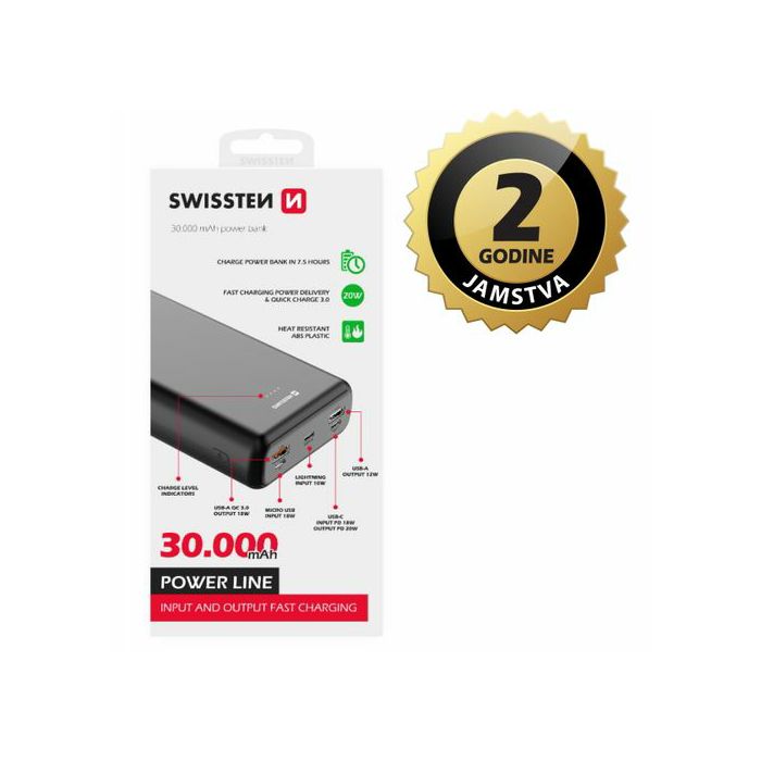 Dodatna baterija - Power Bank SWISSTEN 30000mAh, 20W, PD, QC, svi utori, crna