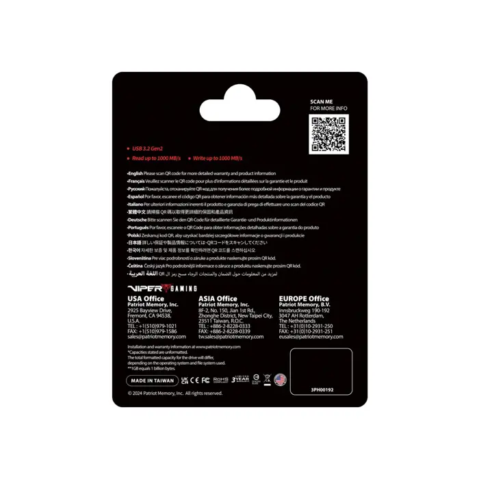Dysk SSD Patriot PVP30 512GB 1000MB/s USB Duo A+C 3.2 Gen2 Alu
