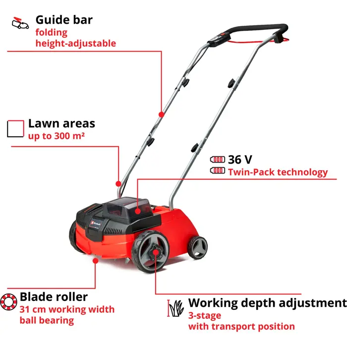 Einhell Battery Verticutter GC SC 36/31 Li - Solo (red / black, without battery and charger)