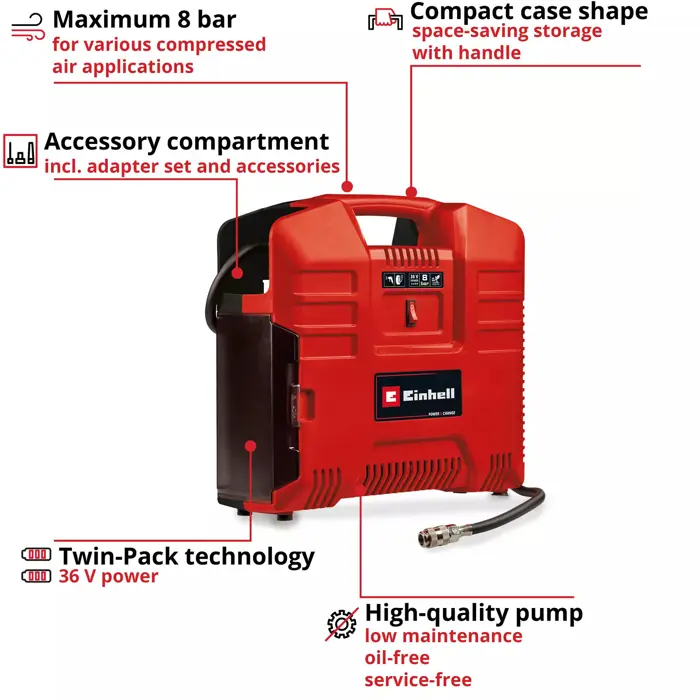 EINHELL Cordless Portable Compressor TE-AC 36/8 Li OF Set - Solo, 36Volt (2x18V) red, without battery and charger