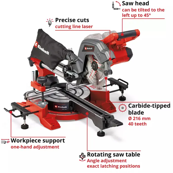 EINHELL Cordless Sliding Mitre Saw TE-SM 36/8 L Li-Solo, 36 Volt (2x18 V) red, without battery and charger