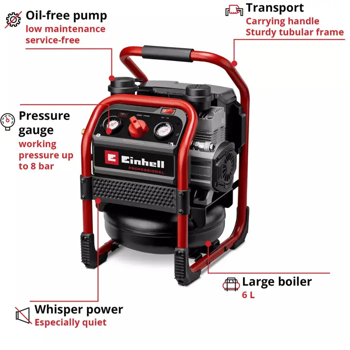 Einhell Power X-Change Akku-Kompressor SILENZZO 18/160, 18Volt (rot/black, ohne Akku und Ladegerät)