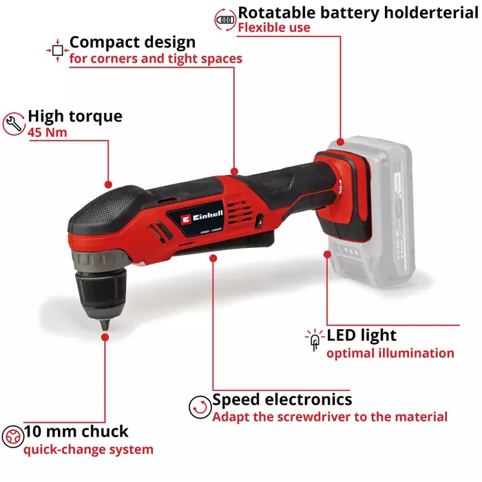 EINHELL Power X-Change Cordless Angle Drill TE-AD 18 Li - Solo, 18 Volt red/black, without battery and charger