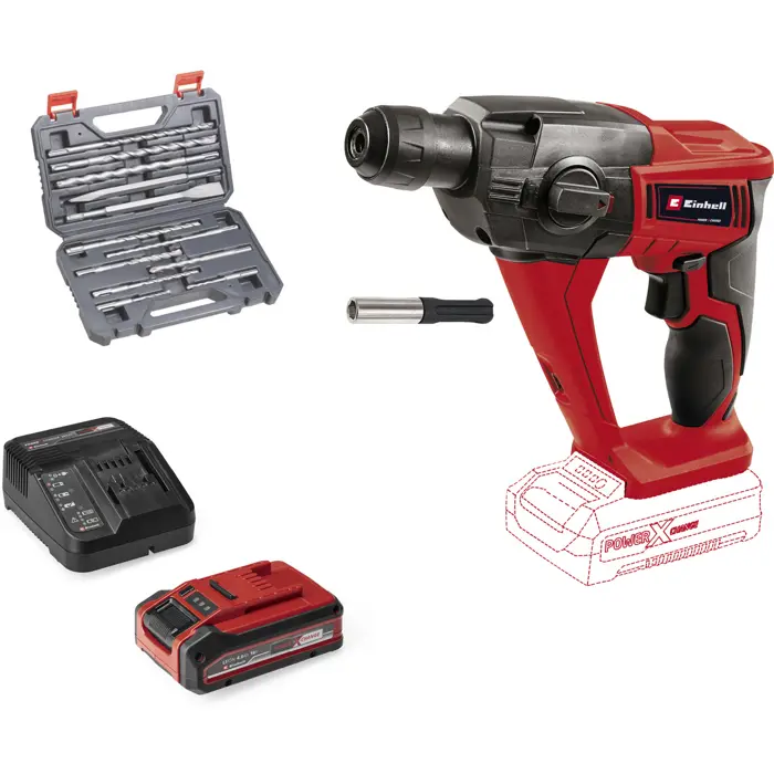 EINHELL Power X-Change cordless hammer drill TE-HD 18 Li, 18 Volt red/black, Li-Ion battery 4.0 Ah Plus, with drill and chisel set