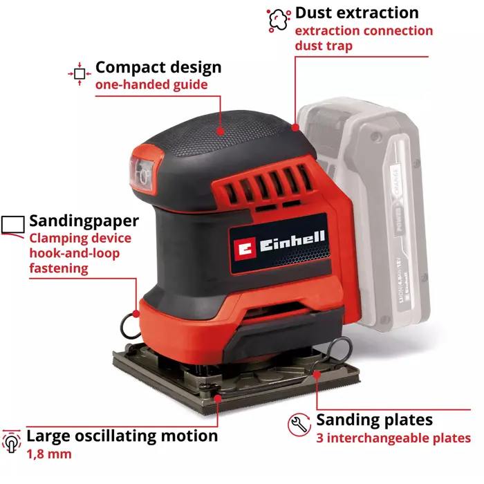 Einhell Power X-Change Cordless Hand Sander TE-OS 18/113 3X Li-Solo, 18 Volt (red/black, without battery and charger, with bag + accessories)