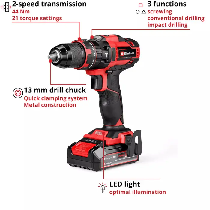 EINHELL Power X-Change cordless impact drill TE-CD 18/44 Li-i, 18 Volt black/red, Li-Ion battery 2.5 Ah