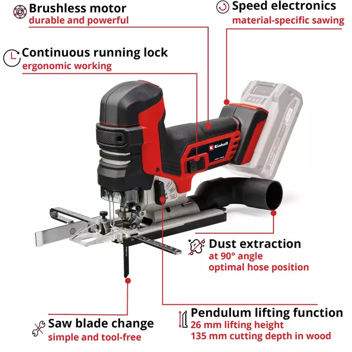 EINHELL Professional Cordless Jigsaw TP-JST 18/135 Li BL - Solo, 18 Volt red/black, without battery and charger