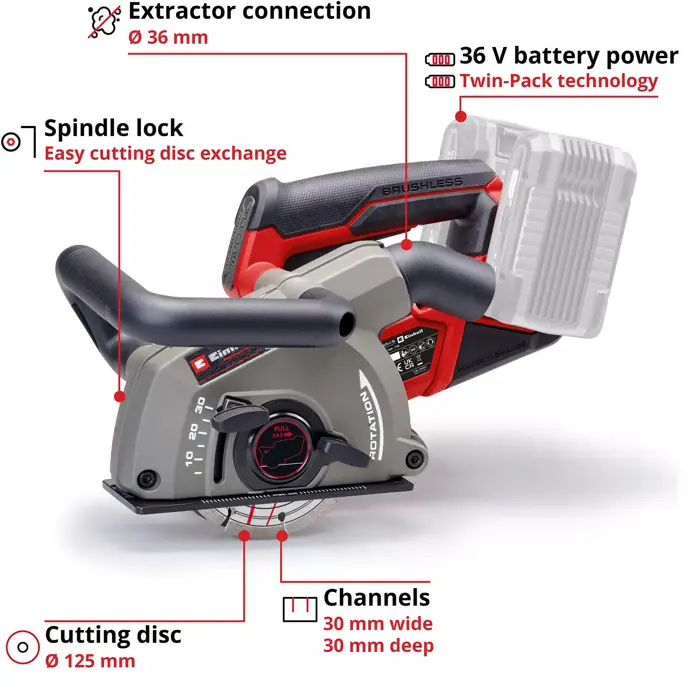 EINHELL Professional Cordless Wall Chaser TP-MA 36/30 Li BL-Solo, 36 Volt (2x18 V) red/black, without battery and charger