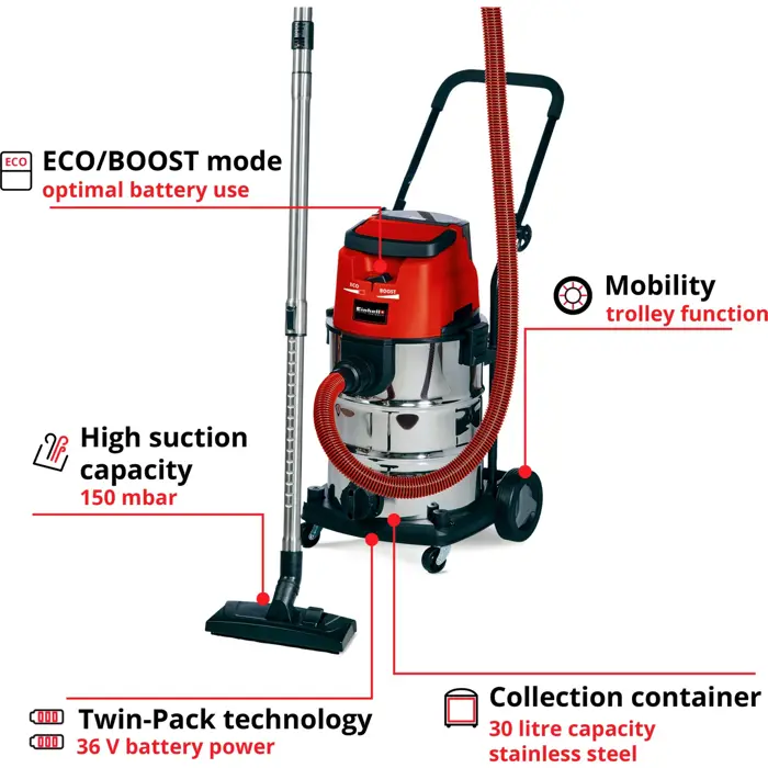 Einhell wet / dry vacuum TE VC 36/30 Li (red / silver, without battery and charger)