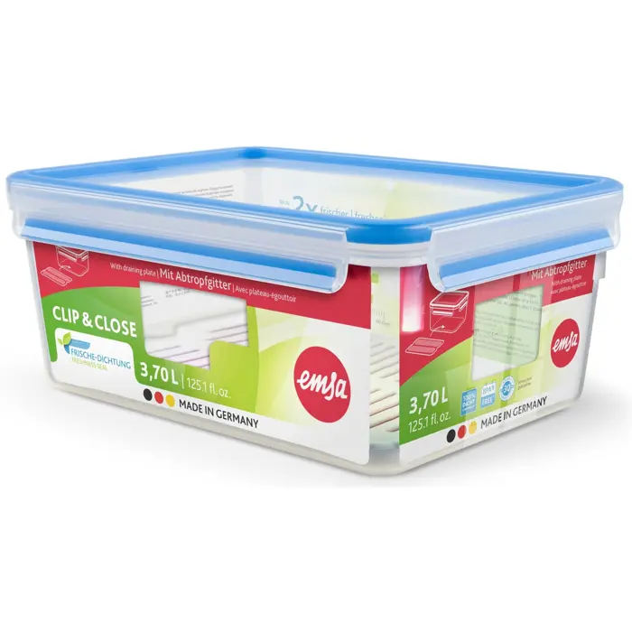 Emsa CLIP & CLOSE food storage container 3.7 liters (transparent/blue, rectangular, with drip tray)