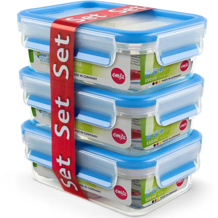 Emsa CLIP & CLOSE food storage containers 0.55 liters (transparent/blue, rectangular, 3 pieces)