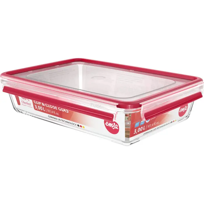 Emsa CLIP & CLOSE glass food storage container 3.0 liters (transparent/red, rectangular)