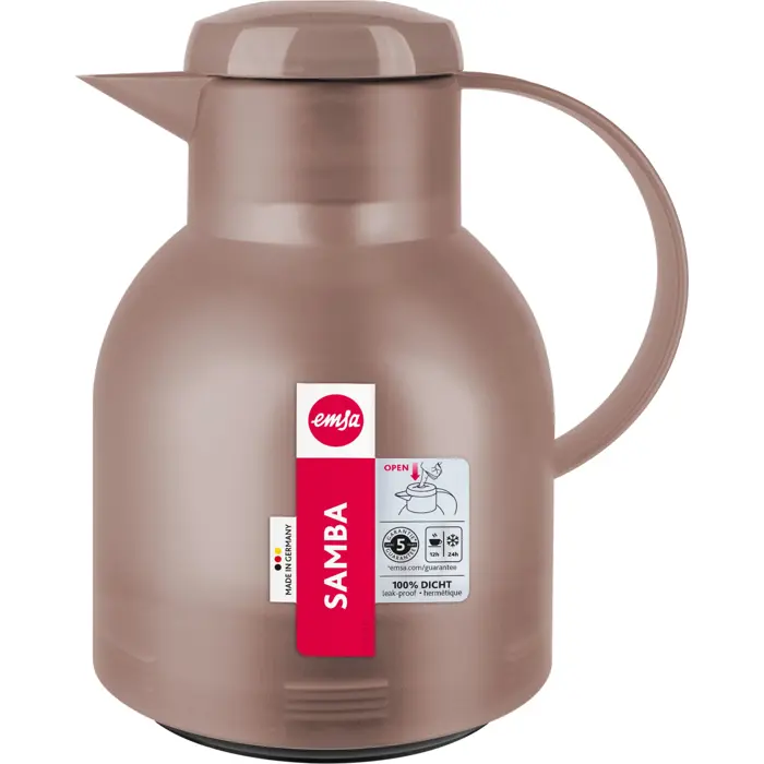 Emsa SAMBA vacuum jug, 1 liter (dark brown/transparent, QUICK PRESS closure)