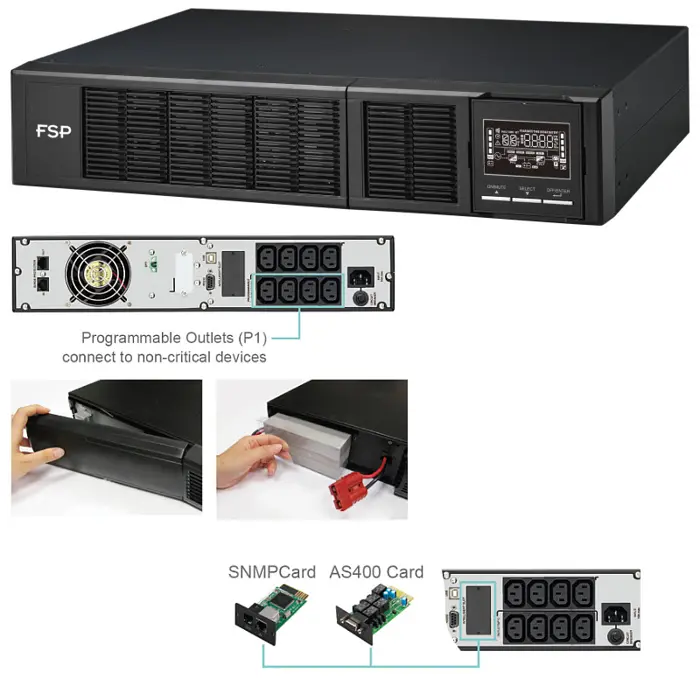 Fortron Source Clippers Rack/Tower 2000VA/2000W, On-line double conversion, USB, RS-232, EPO, 8×C13, 4×9Ah, 3min autonomija, LCD