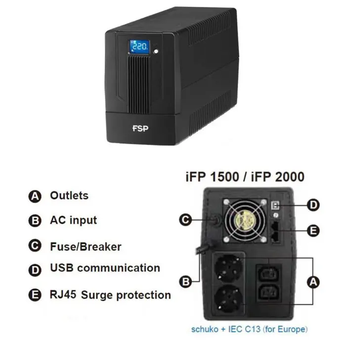 Fortron Source iFP 2000VA/1200W, Line-interactive, 2×Schuko, 2×IEC C13, RJ11/45, USB, 2×9Ah, 5min. autonomija