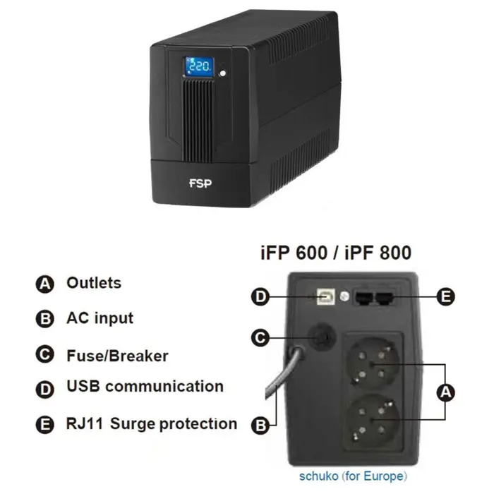 Fortron Source iFP 800VA/480W, Line-interactive, 2×Schuko, RJ11, USB, 1×9Ah, 5min. autonomija