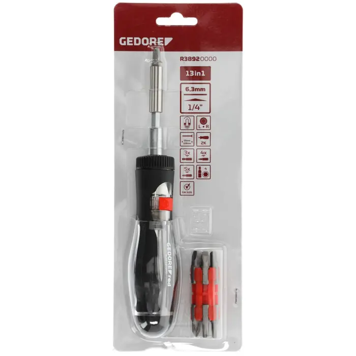 Gedore Red magazine ratchet screwdriver 13in1, 1/4 - black / red, with 13 bits - 3301337
