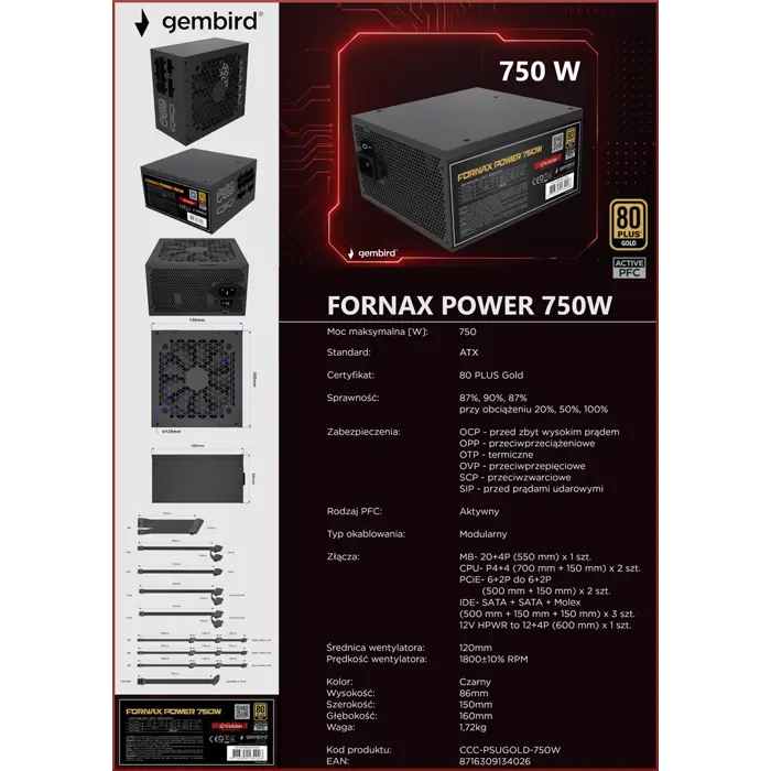 Gembird CCC-PSUGOLD-750W Power supply unit Fornax Power 750W active PFC 12cm fan 80+Gold