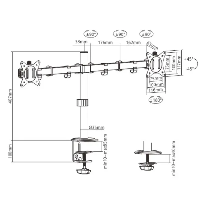 Gembird MA-D2-01 monitor mount / stand 81.3 cm (32") Black Desk