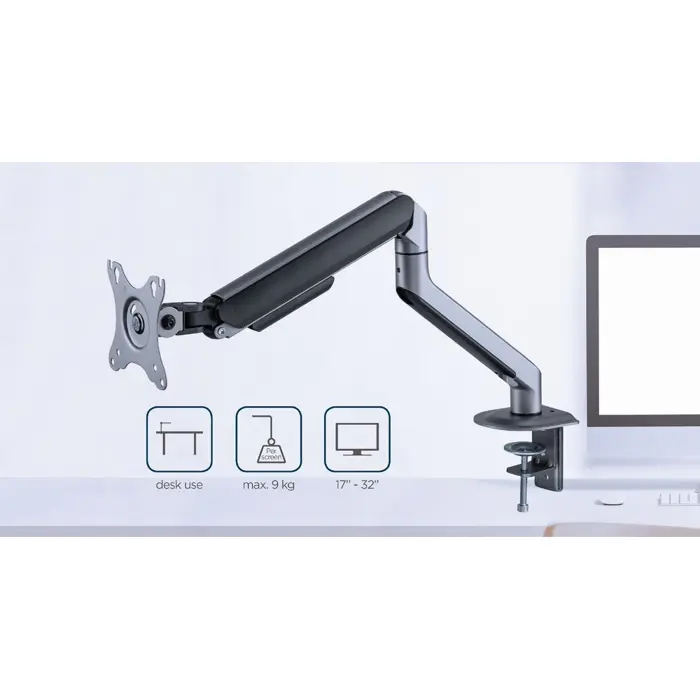 Gembird MA-DA1-05 Desk mounted adjustable monitor arm, 17”-32”, up to 9 kg, space grey
