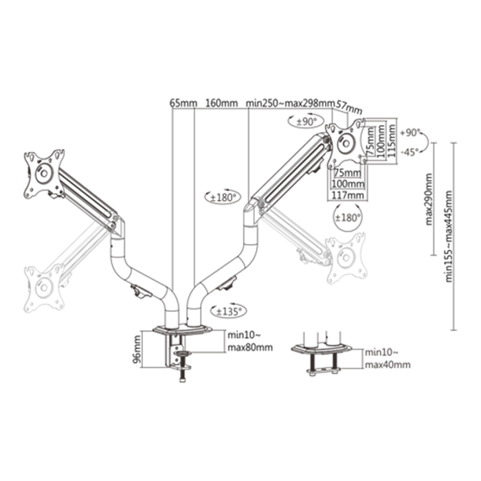 Gembird MA-DA2-02 Adjustable desk 2-display mounting arm (tilting), 17”-32”, up to 8 kg